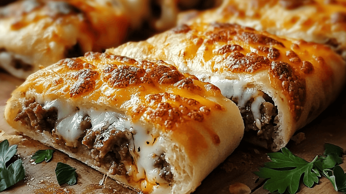 Golden-brown stuffed breadsticks filled with seasoned ground beef and melted cheese, garnished with fresh parsley leaves on a wooden cutting board, shown in close-up detail