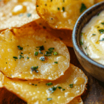 Golden, crispy cheese crisps garnished with fresh herbs, served alongside a creamy spinach dip in a rustic ceramic bowl.