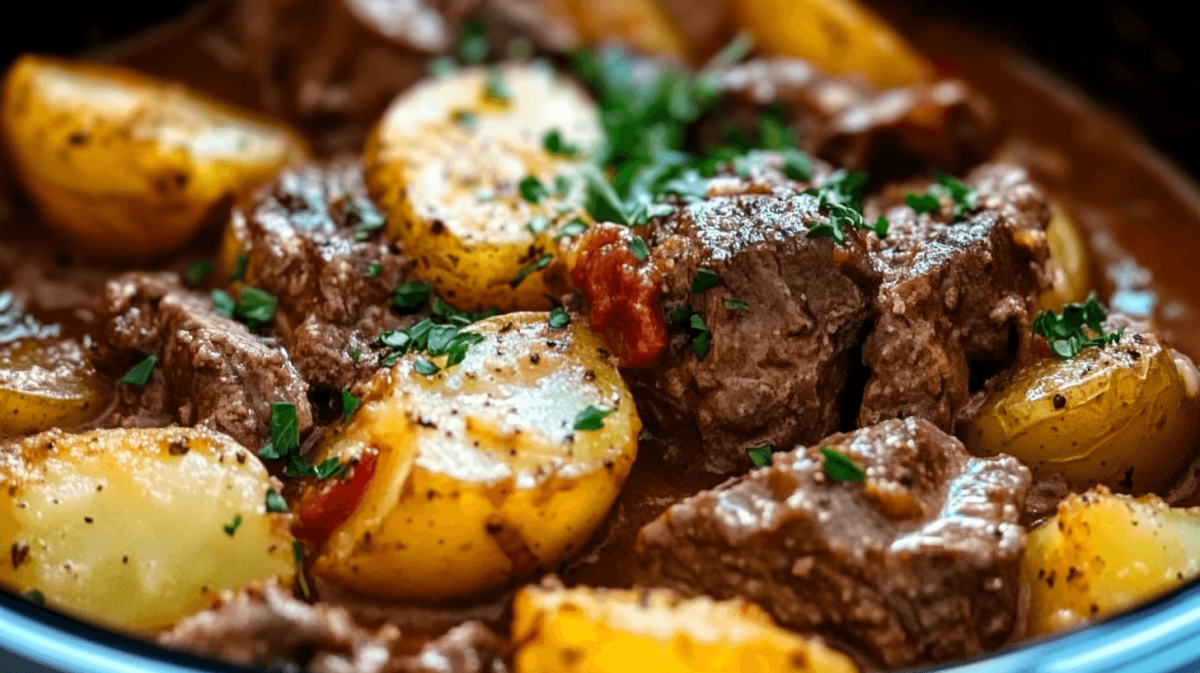 Slow cooker beef stew with tender beef chunks, golden baby potatoes, and fresh herbs in a rich gravy, served in a blue crockpot