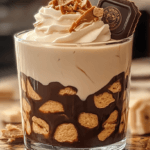 Layered dessert in a clear glass with chocolate sauce, cookie pieces, whipped cream topping, toffee bits, and a chocolate square garnish