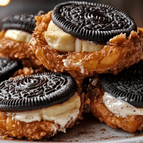 Deep fried Oreos with banana slices stacked on a white plate