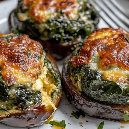 Close-up of golden-brown spinach and cheese stuffed eggplant rounds, baked to perfection with a bubbly, crispy cheese topping, served on a white plate with fresh herbs.