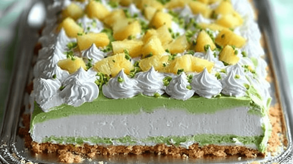 Multi-layered rectangular dessert with graham cracker base, white cream center, green lime layer, topped with whipped cream swirls, pineapple chunks, and lime zest.
