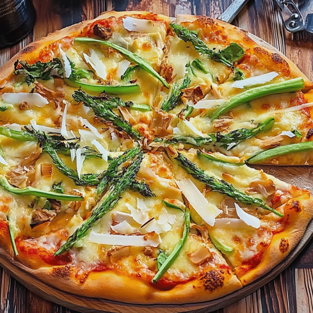 Artisanal pizza on a wooden board featuring roasted asparagus spears, melted cheese, parmesan shavings, and thin slices of potato on a golden crust with charred edges