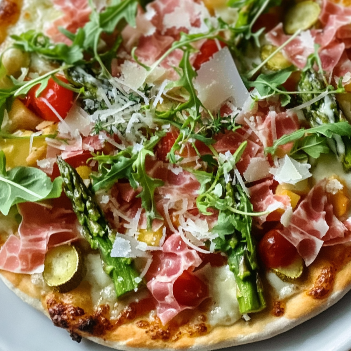 Close-up of a gourmet pizza topped with prosciutto, arugula, asparagus, cherry tomatoes, parmesan shavings, and zucchini on a crispy golden crus
