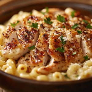 Creamy honey pepper chicken macaroni in a rustic brown bowl with perfectly seared chicken breast slices topped with black pepper and fresh herbs