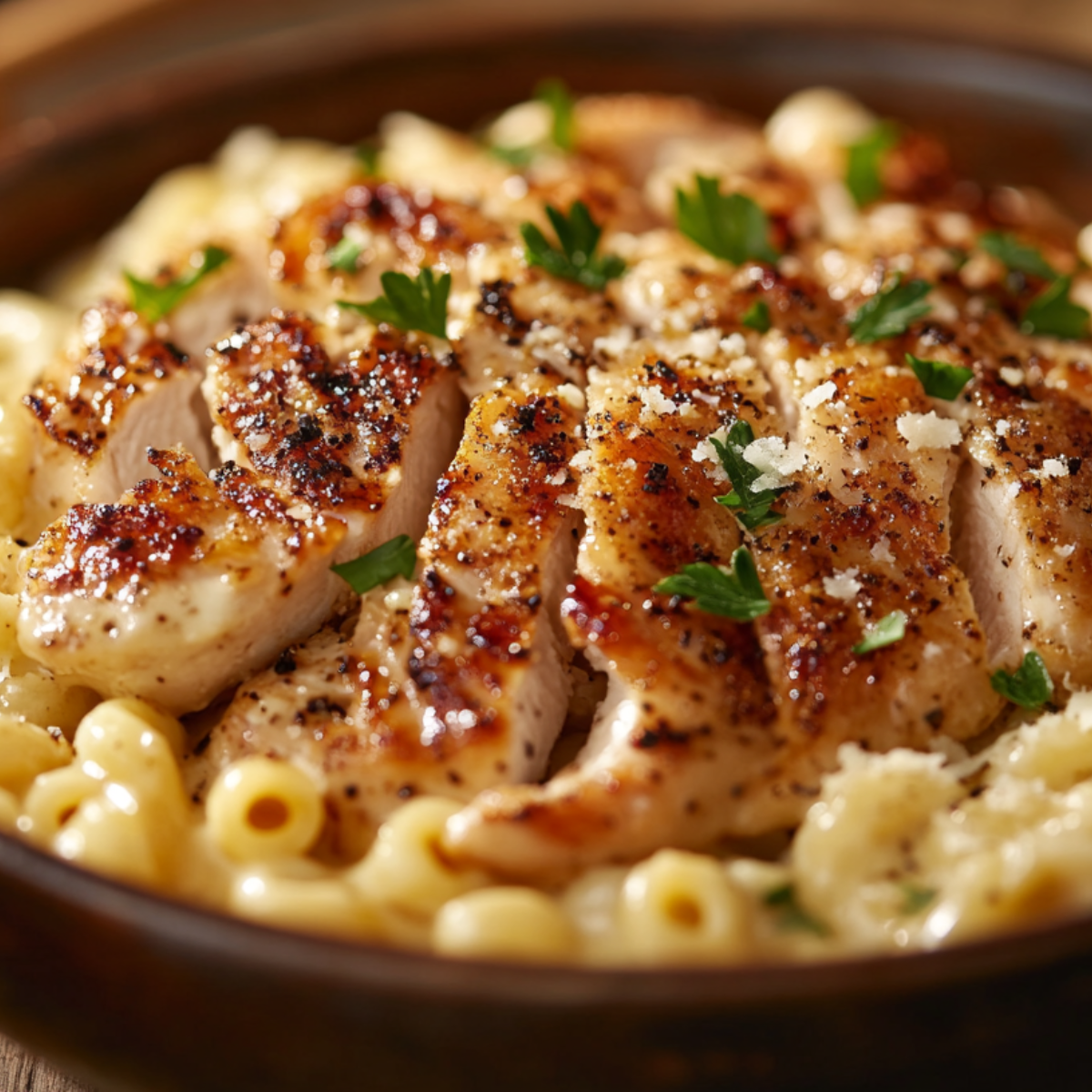 Creamy honey pepper chicken macaroni in a rustic brown bowl with perfectly seared chicken breast slices topped with black pepper and fresh herbs