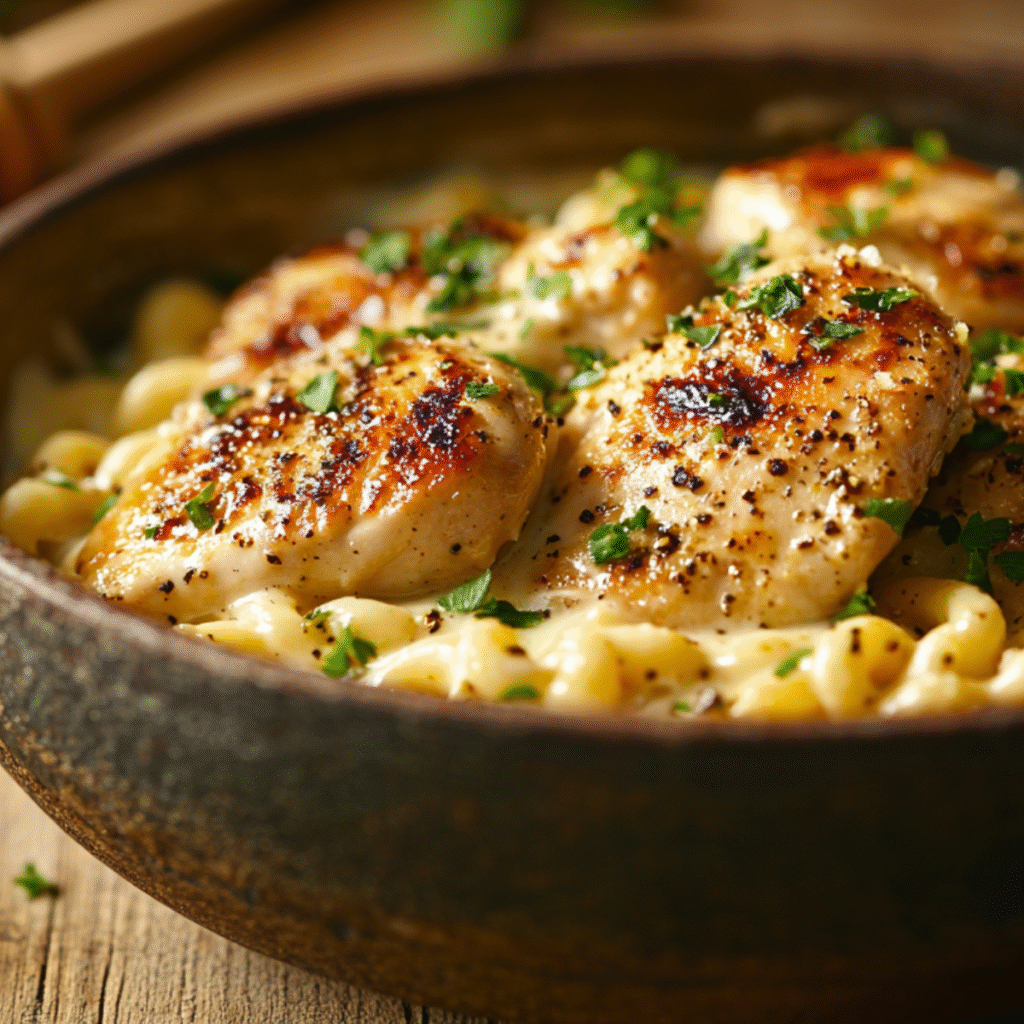 Honey pepper chicken with elbow macaroni in a rustic ceramic bowl, topped with fresh herbs and visible black pepper flecks, with a wooden honey dipper visible in the background