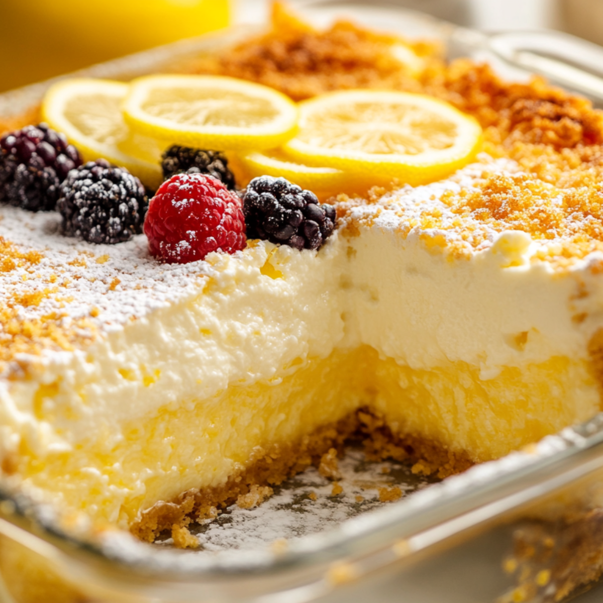 Homemade Zesty Lemon Cheesecake Dump Cake in a glass baking dish with distinct golden-yellow bottom layer, creamy white middle layer, and crumbly golden top, garnished with fresh lemon slices, mixed berries, and a dusting of powdered sugar