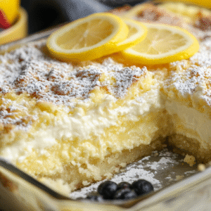 Close-up of a Zesty Lemon Cheesecake Dump Cake in a glass baking dish showing three distinct layers - a light bottom crust, bright yellow lemon filling, and creamy cheesecake top with golden crumbles dusted with powdered sugar. The cake is garnished with fresh lemon slices, with blueberries visible at the corner and a yellow dish of mixed berries in the background
