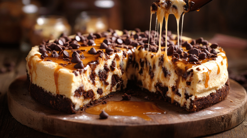 Deep Dish Cookie Dough Cheesecake Pizza with chocolate cookie base, creamy cheesecake filling with cookie dough chunks, topped with chocolate chips and stretchy caramel sauce being pulled upward with a spoon.