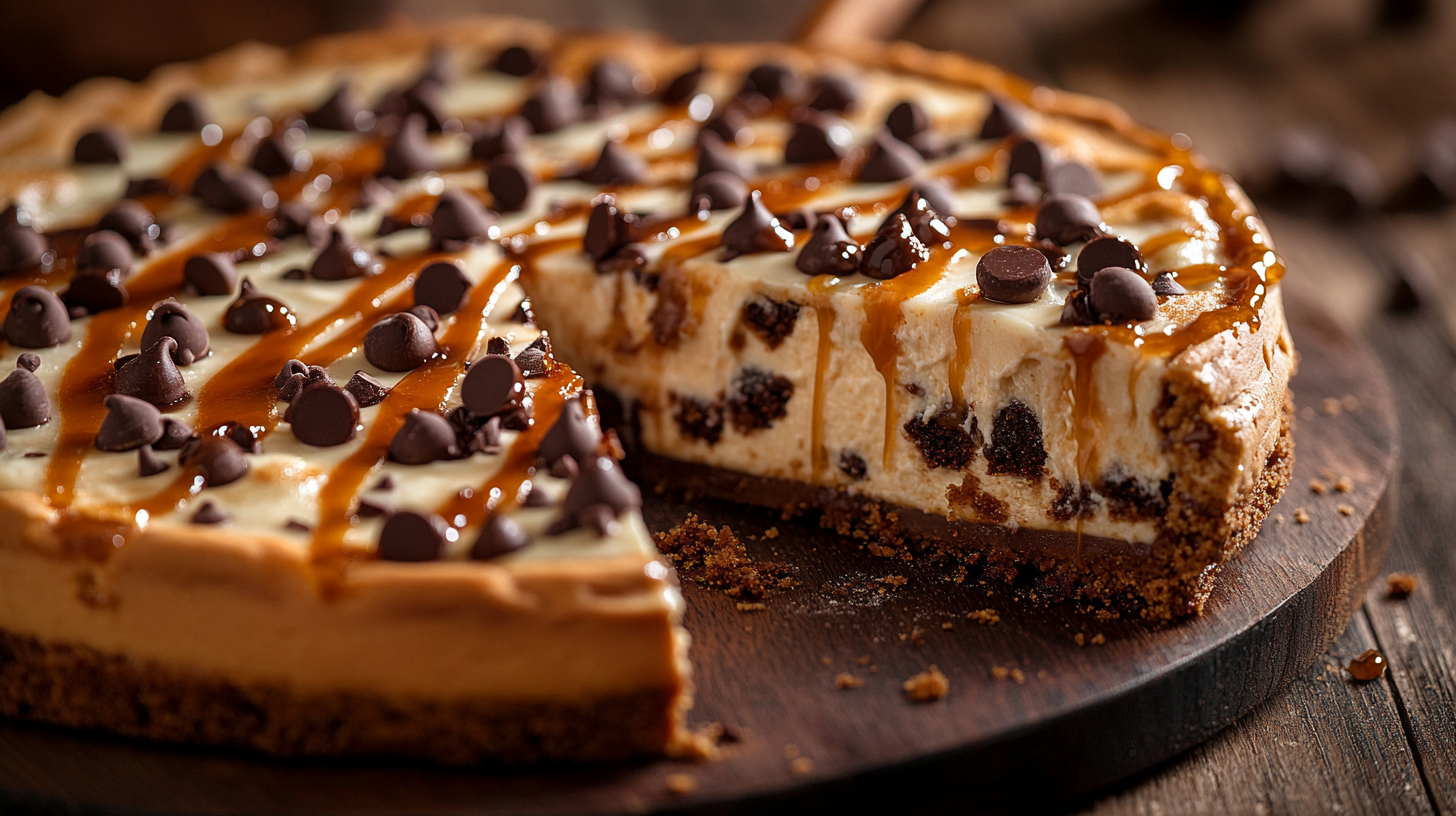 Sliced Deep Dish Cookie Dough Cheesecake Pizza with chocolate chip cookie base, creamy cheesecake filling studded with cookie dough pieces, topped with chocolate chips and caramel drizzle on a wooden serving board