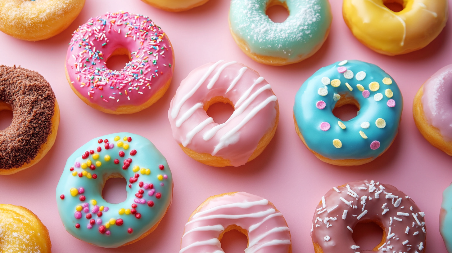 Assorted colorful glazed donuts with various toppings including sprinkles and sugar crystals arranged on a pink background