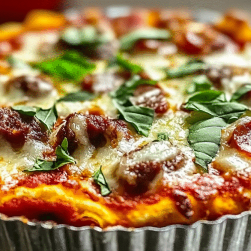 Low Carb Crustless Pizza Bowl with melted cheese, pepperoni, mushrooms and fresh basil in a metal baking dish