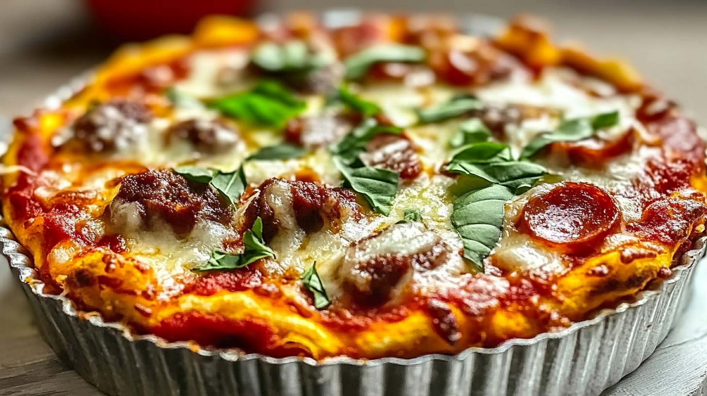 Low Carb Crustless Pizza Bowl with melted cheese, pepperoni, mushrooms and fresh basil in a metal baking dish