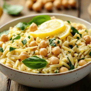 Bowl of creamy lemon orzo pasta with chickpeas, fresh basil, and lemon slices on a rustic wooden table with ingredients in the background