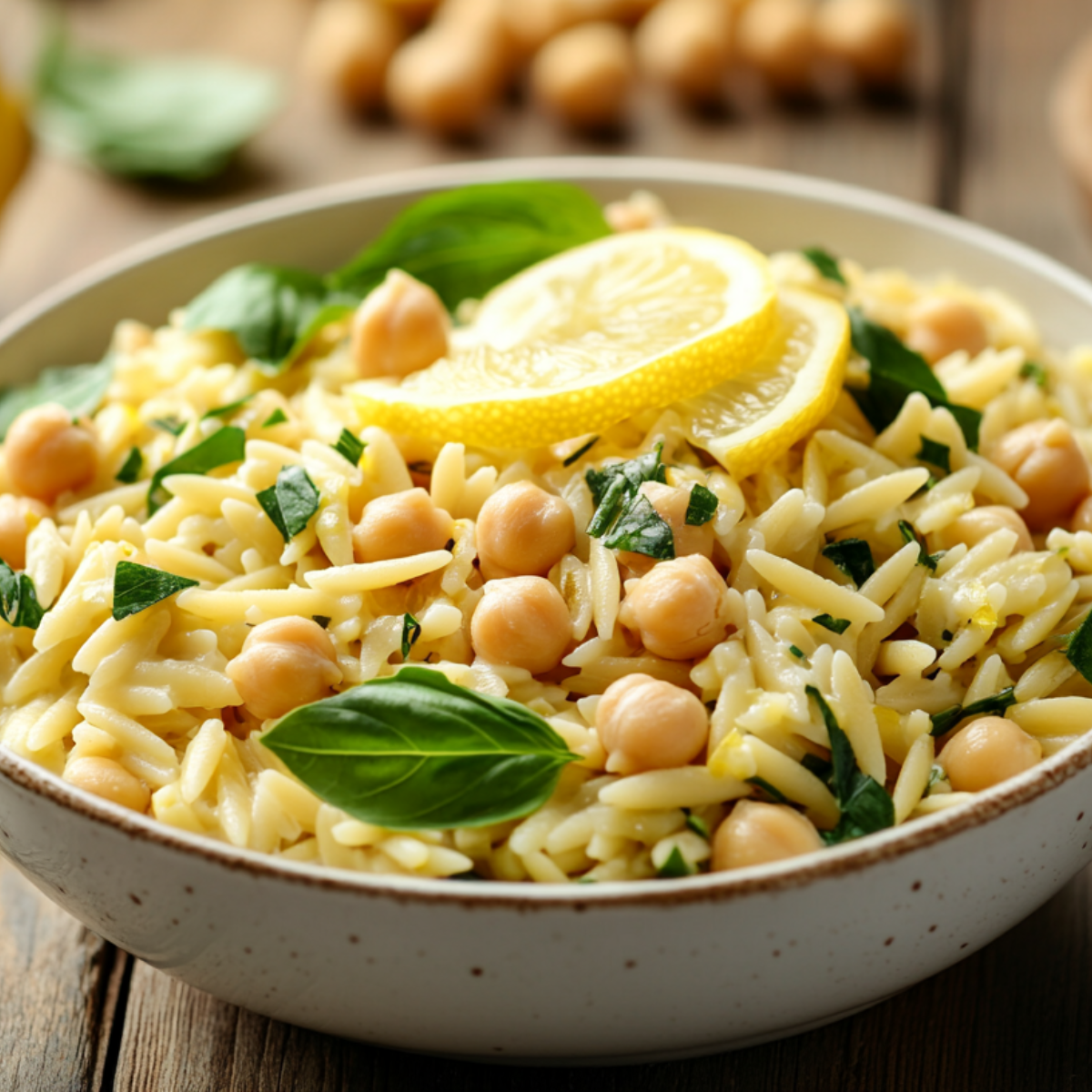 Bowl of creamy lemon orzo pasta with chickpeas, fresh basil, and lemon slices on a rustic wooden table with ingredients in the background