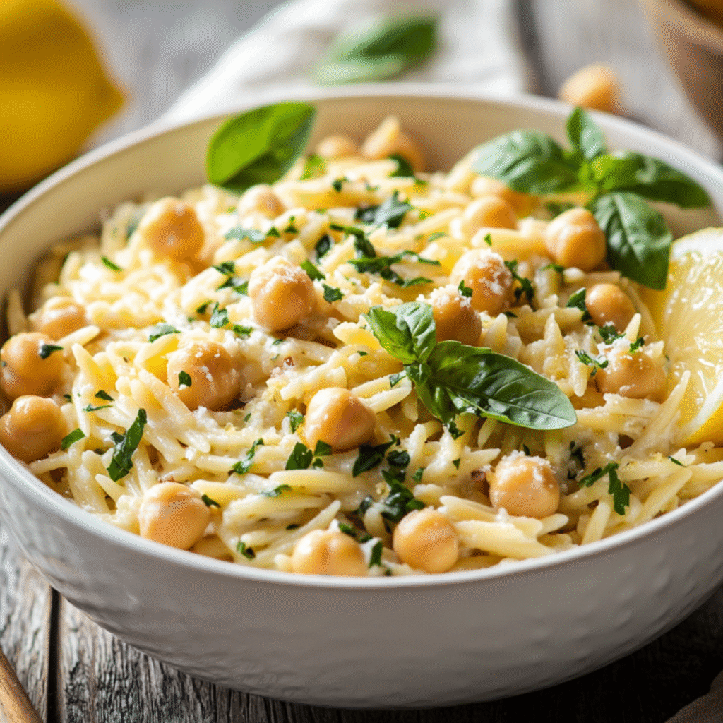 White bowl of creamy orzo pasta with chickpeas, fresh herbs, grated cheese, and lemon wedge on rustic wooden table with ingredients surrounding it