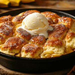 Southern Banana Cobbler served in a cast iron skillet with golden biscuit topping, caramelized banana filling, and a scoop of melting vanilla ice cream