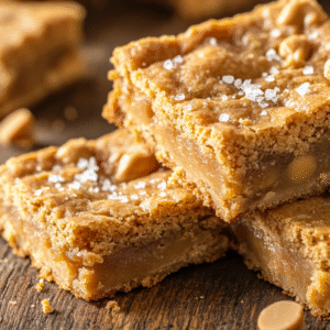 Stack of butterscotch toffee cookie bars with golden-brown layers, butterscotch chips, and flaky sea salt on a rustic wooden surface