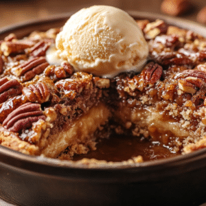 Homemade pecan pie dump cake in a round dish with melting vanilla ice cream and gooey caramel pecan topping