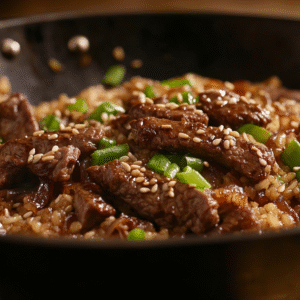 Closeup of homemade onion beef fried rice with tender beef strips, caramelized onions, green onions, and toasted sesame seeds in a cast iron skillet