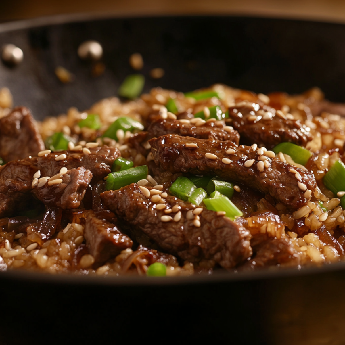Closeup of homemade onion beef fried rice with tender beef strips, caramelized onions, green onions, and toasted sesame seeds in a cast iron skillet
