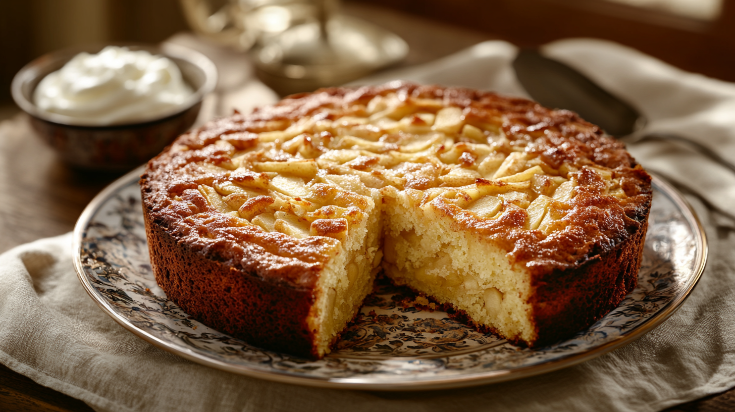 Homemade Italian-style Amish Applesauce Cake with golden apple topping on a decorative plate with a slice removed showing moist interior and a bowl of mascarpone cream on the side