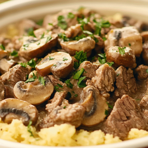 Creamy Crockpot Beef Tips & Mushrooms served over golden polenta, garnished with fresh parsley
