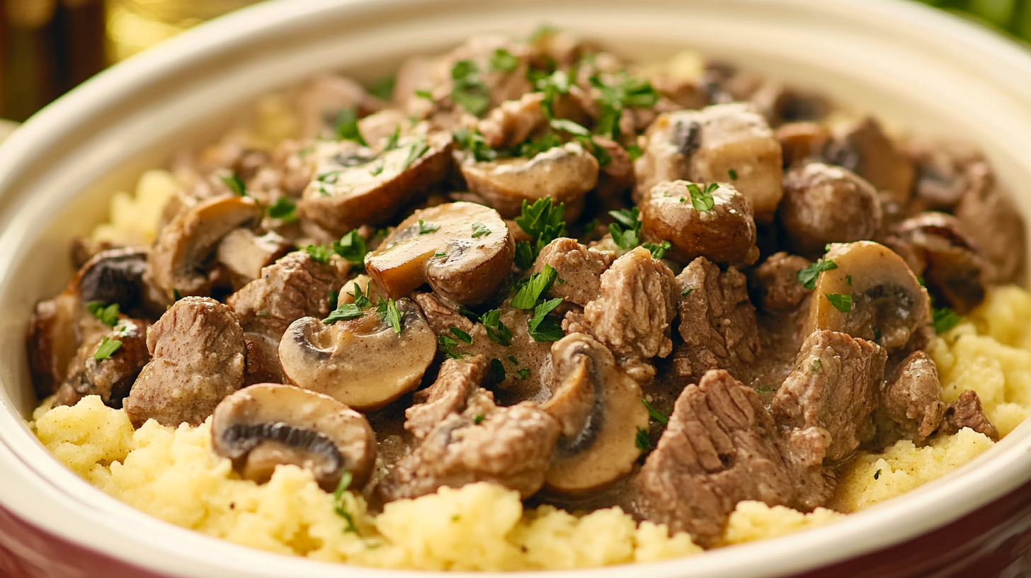 Creamy Crockpot Beef Tips & Mushrooms served over golden polenta, garnished with fresh parsley
