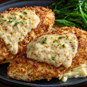 Italian-style Parmesan Crusted Chicken with golden breadcrumb topping, melted cheese, and fresh herbs, served with broccolini on a dark plate