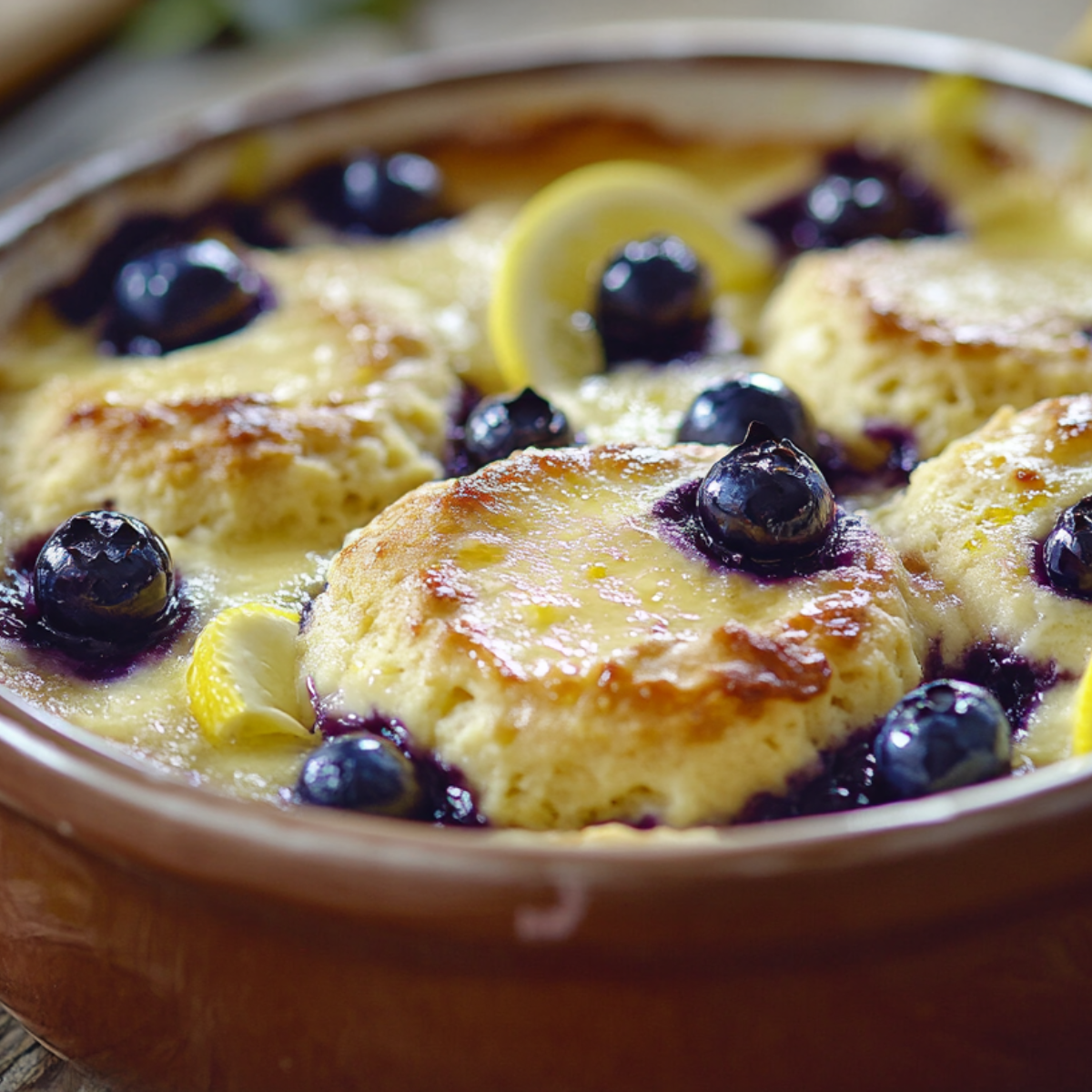 Freshly baked Blueberry Lemon Butter Swim Biscuits in a terracotta dish, showing golden biscuits swimming in butter with blueberries and lemon slices.