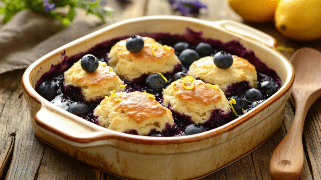 Golden biscuits swimming in purple blueberry sauce in a cream ceramic dish, garnished with fresh blueberries and lemon zest on a rustic wooden table.