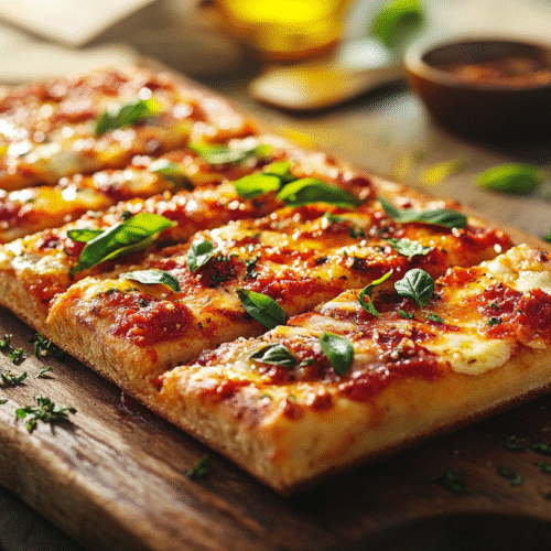 Homemade Margarita Flatbread with melted mozzarella, tomato sauce, and fresh basil on a rustic wooden board