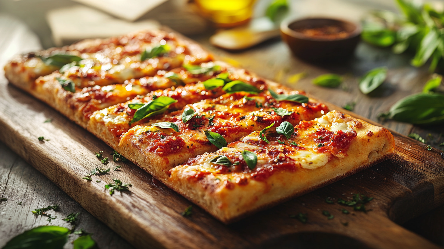 Homemade Margarita Flatbread with melted mozzarella, tomato sauce, and fresh basil on a rustic wooden board