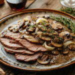 Thinly sliced medium-rare roast beef topped with rich mushroom and leek sauce on a rustic ceramic plate, served with crusty Italian bread and fresh herbs.