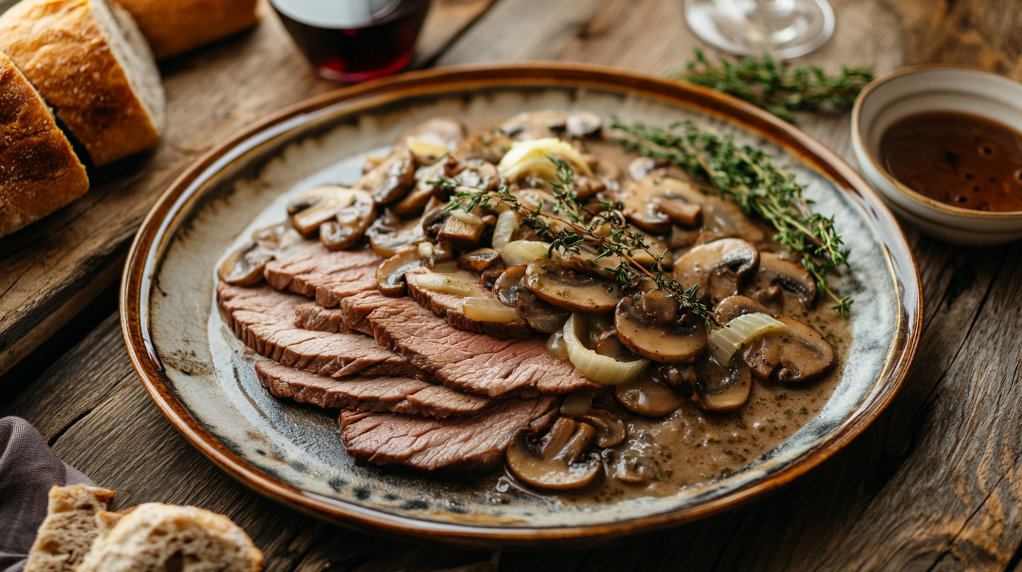 Thinly sliced medium-rare roast beef topped with rich mushroom and leek sauce on a rustic ceramic plate, served with crusty Italian bread and fresh herbs.