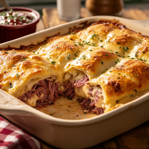 Golden-brown Reuben Crescent Bake in a white ceramic baking dish with a section removed showing layers of corned beef, melted cheese, and filling. Served with fresh herbs and a side of cranberry sauce on a rustic wooden table with a red and white checkered napkin.