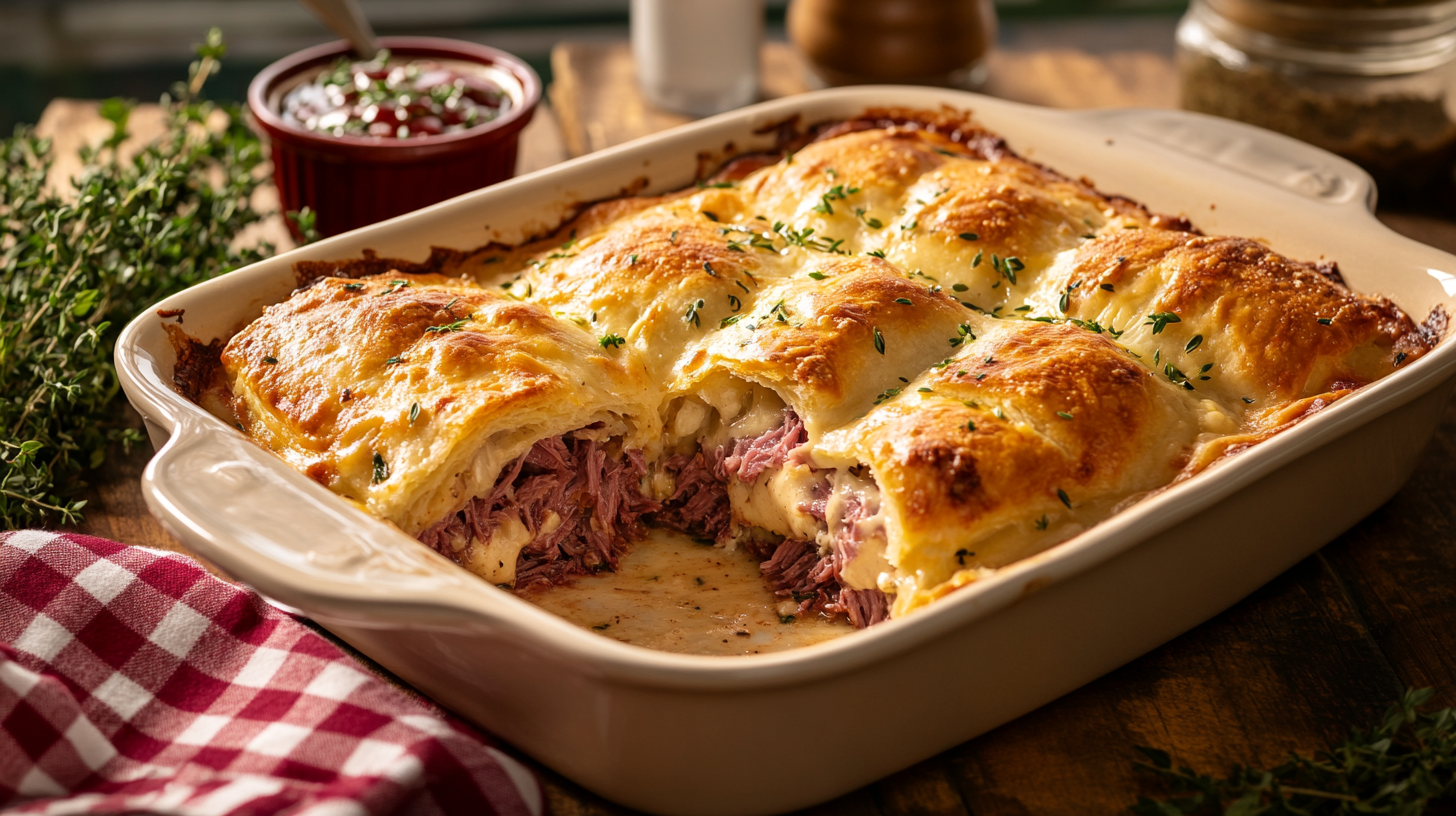 Golden-brown Reuben Crescent Bake in a white ceramic baking dish with a section removed showing layers of corned beef, melted cheese, and filling. Served with fresh herbs and a side of cranberry sauce on a rustic wooden table with a red and white checkered napkin.