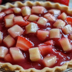 Close-up of strawberry rhubarb pie filling with chunky fruit pieces and glossy red sauce in golden pie crust, fresh strawberry visible in background
