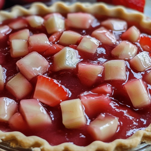 Close-up of strawberry rhubarb pie filling with chunky fruit pieces and glossy red sauce in golden pie crust, fresh strawberry visible in background