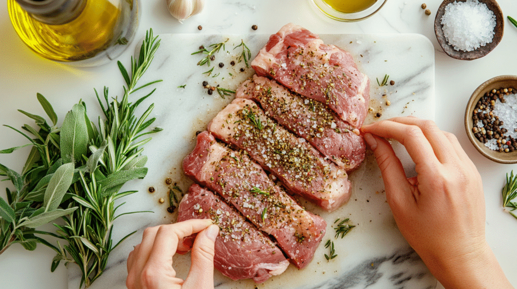 Hands seasoning raw pork shoulder pieces with herbs and spices on a marble cutting board, surrounded by fresh rosemary, sage, olive oil, salt, and peppercorns for Italian-style carnitas.