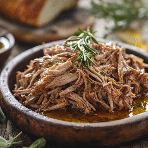 Tender Italian-style pulled pork served in a rustic wooden bowl with fresh herbs, olive oil, and cooking juices, surrounded by sage, rosemary, garlic cloves, and bread on a wooden table.