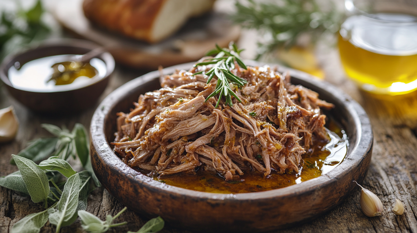 Tender Italian-style pulled pork served in a rustic wooden bowl with fresh herbs, olive oil, and cooking juices, surrounded by sage, rosemary, garlic cloves, and bread on a wooden table.