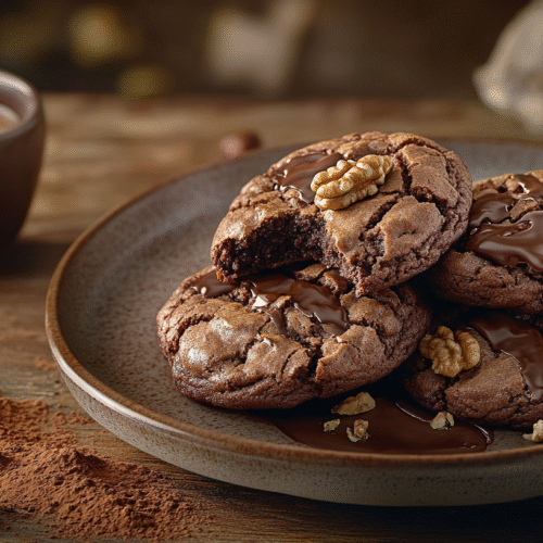 Stack of freshly baked double chocolate walnut cookies with crackled tops and fudgy centers on a ceramic plate, served with espresso and garnished with walnuts and cocoa powder on a rustic wooden table.