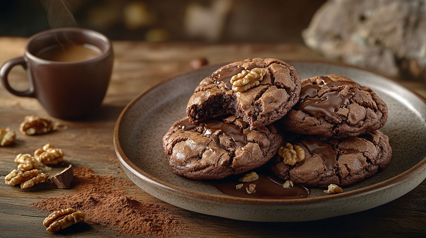 Stack of freshly baked double chocolate walnut cookies with crackled tops and fudgy centers on a ceramic plate, served with espresso and garnished with walnuts and cocoa powder on a rustic wooden table.