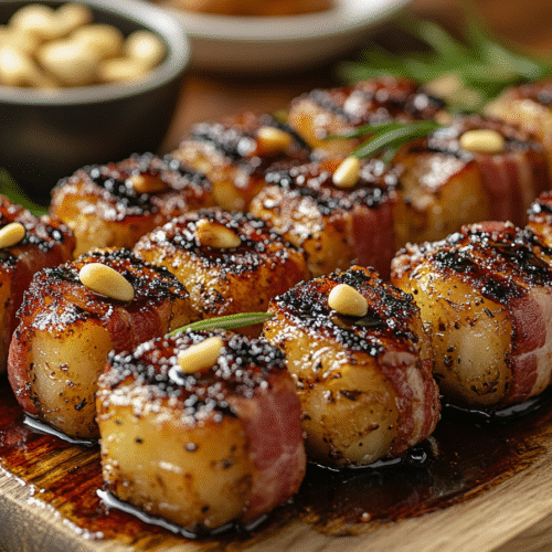 Golden caramelized pineapple cubes wrapped in crispy bacon, topped with pine nuts and balsamic glaze, arranged on a wooden serving board with fresh herbs and a bowl of pine nuts visible in the background.