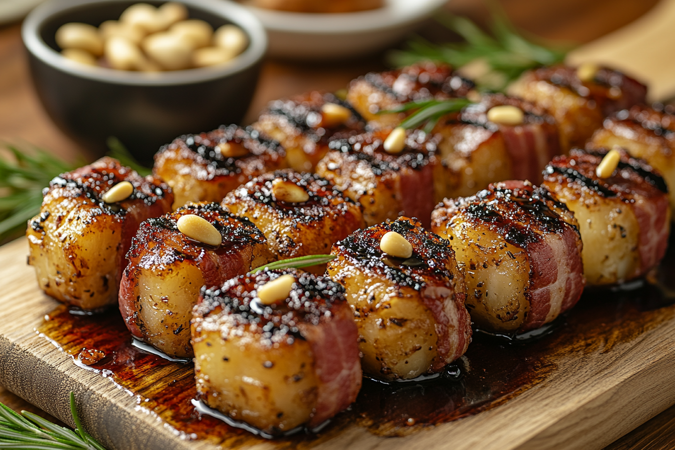 Golden caramelized pineapple cubes wrapped in crispy bacon, topped with pine nuts and balsamic glaze, arranged on a wooden serving board with fresh herbs and a bowl of pine nuts visible in the background.