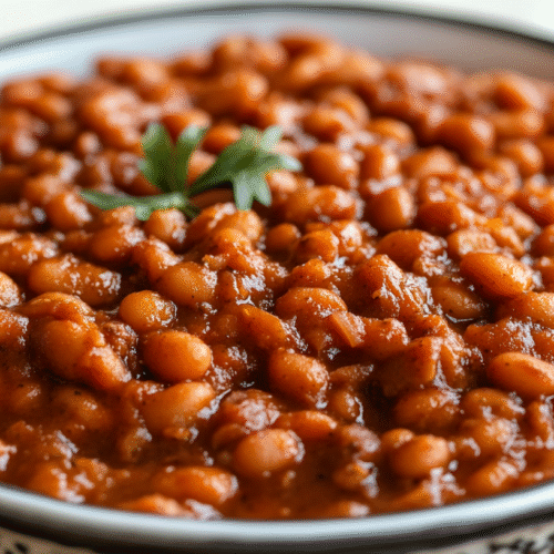 Italian baked beans with cannellini beans and sausage in decorative ceramic bowl, rich tomato sauce, garnished with fresh parsley on wooden table