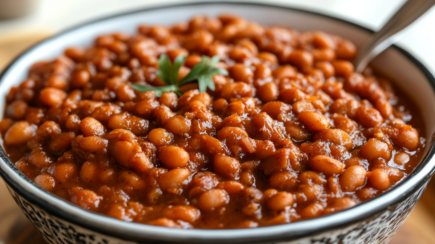 Italian baked beans with cannellini beans and sausage in decorative ceramic bowl, rich tomato sauce, garnished with fresh parsley on wooden table